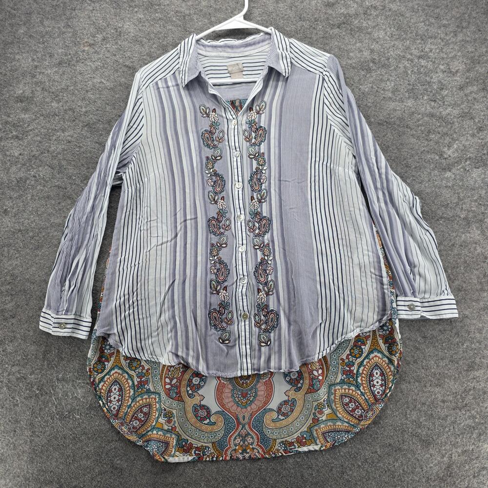 Chico's Shirt Womens Large Blue Stripe Paisley Embroidered Button Front Tunic